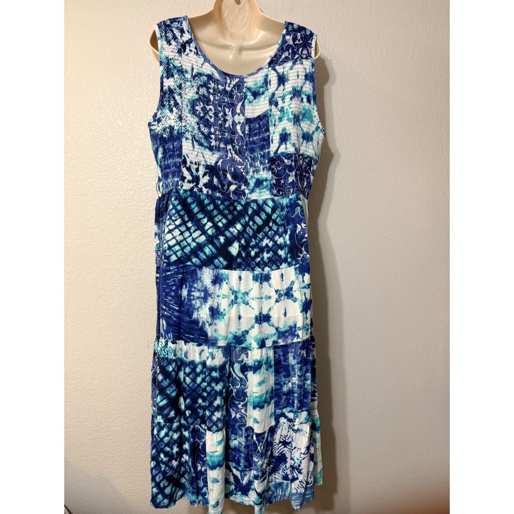 La Cera Blue Patchwork Batik Smocked Tiered Midi Dress Sleeveless Rayon Boho - Picture 9 of 14